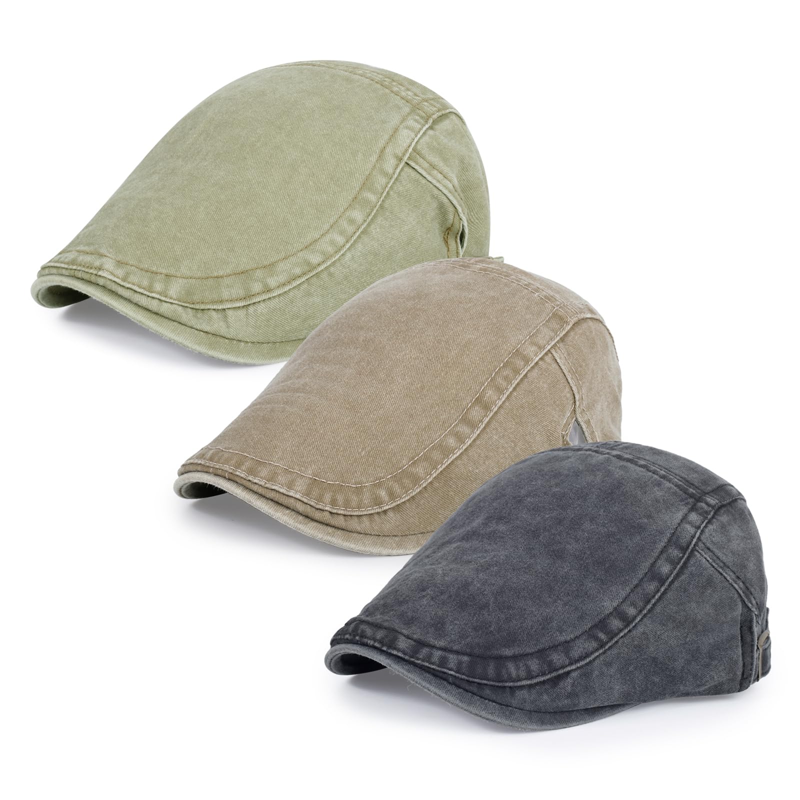Qlauca 3Pcs Men's Newsboy Caps Washing Cotton Cooling Lightweight Scally Cap for Men Adjustable Flat Cap