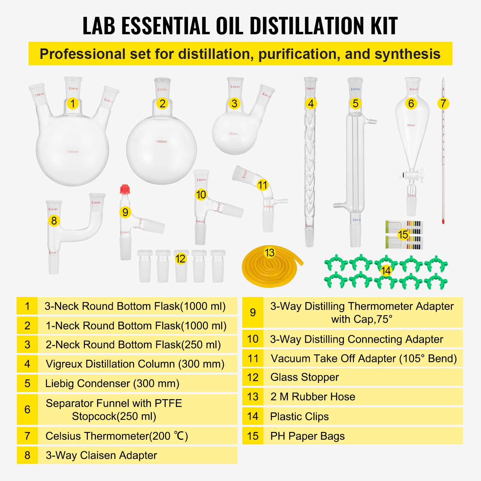 VEVOR Kit de Destilación de Laboratorio de Vidrio Boro 3.3, 1000 ml, 29 Piezas, con 24 y 40 Compuestos