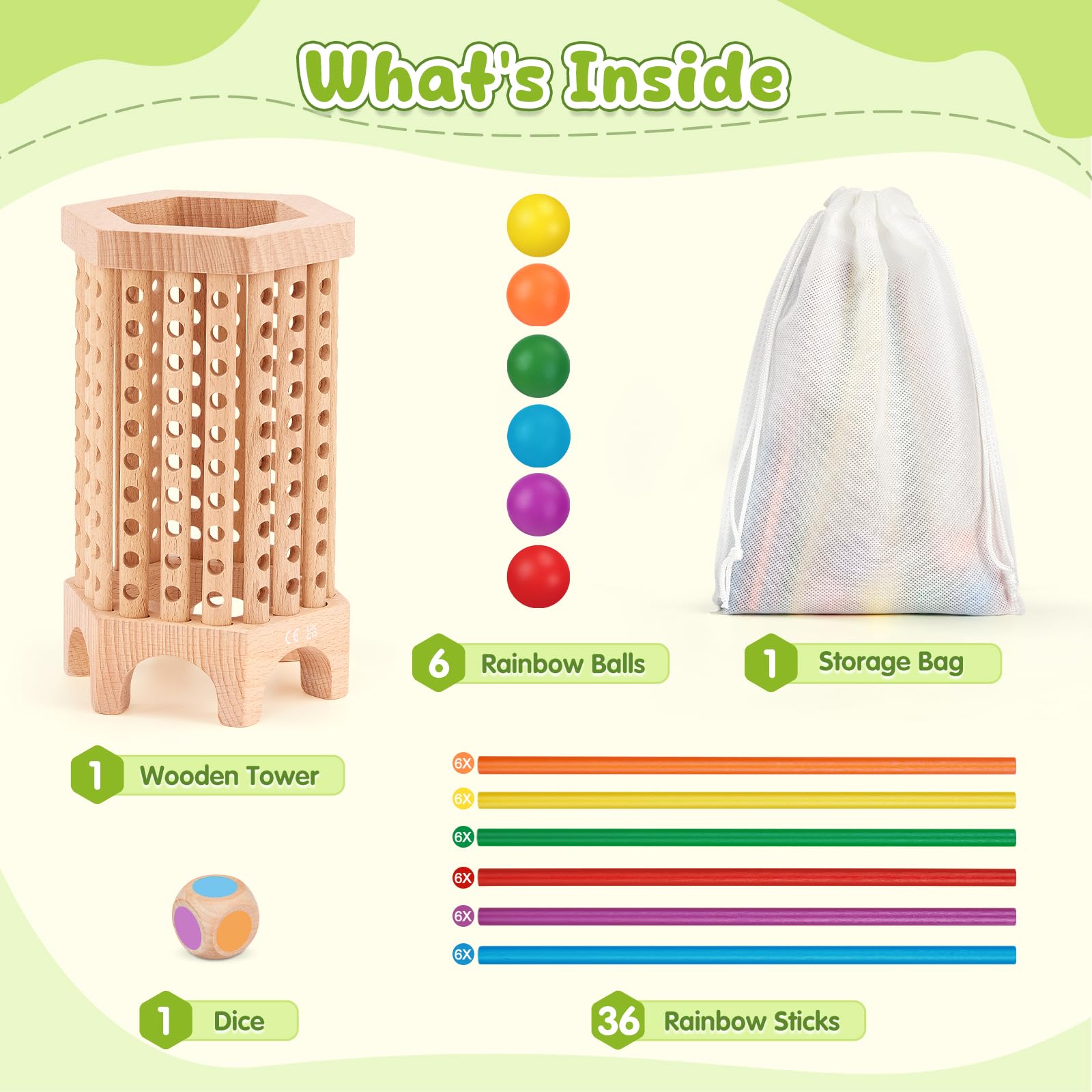 Montessori - Juego de mesa de madera, 36 coloridos palos de madera, juguete educativo de matemáticas para niños de 3, 4, 5, 6 años, juguete de habilidades motoras finas, juego clásico de torre para 7