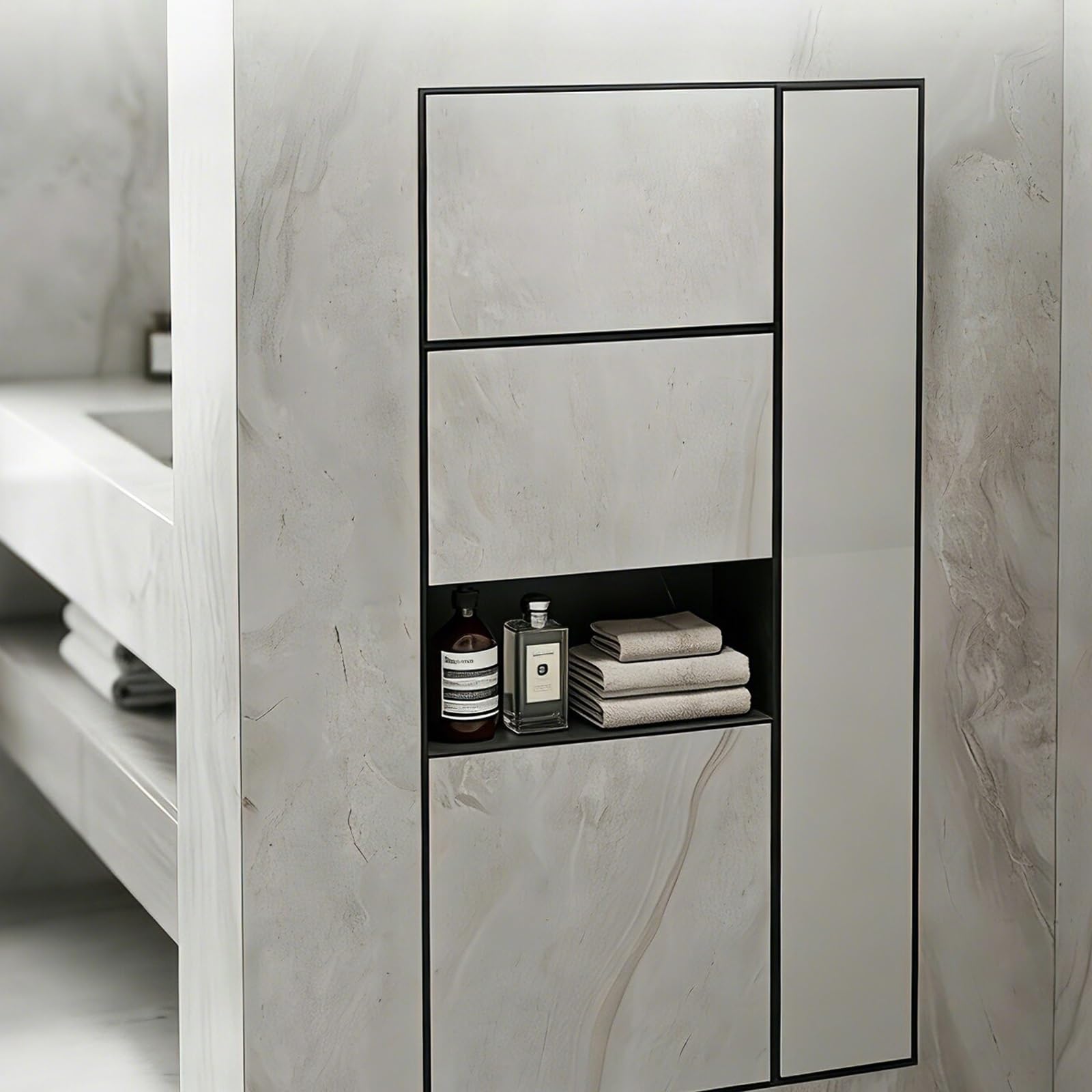 6 In 1 Tileable Shower Niche with Towel Rack, Black Wall Insert Bathroom Toilet Paper Holder with Magnetic Door, Recessed Tilt Out Trash Can Storage Cabinet