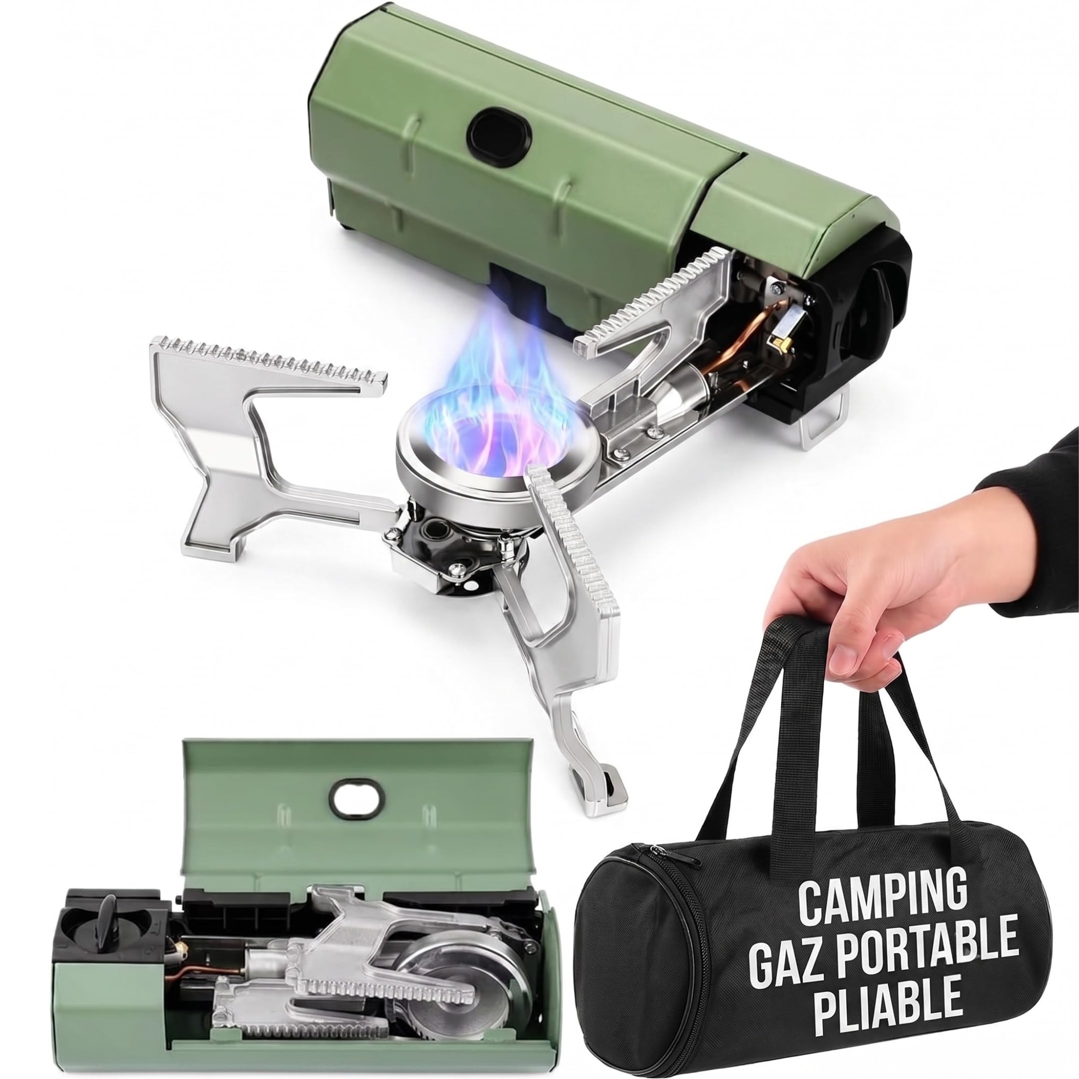 Réchaud à Gaz Pliable 2600W – Réchaud de Camping Portable | Brûleur à Gaz Ultraléger 1,4kg | Cuisinière de Camping Compacte avec Allumage Électronique & Sac de Transport (25x8x10,5cm)