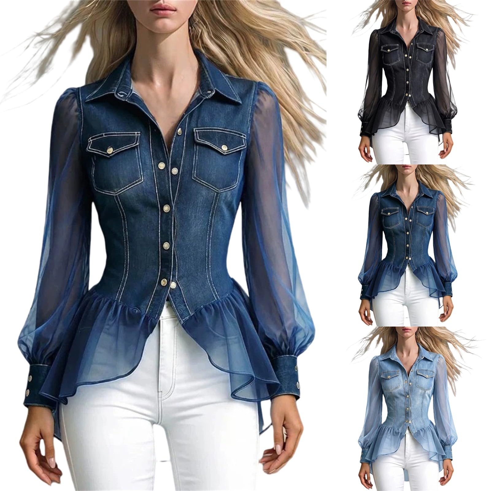 Elegante camicia da donna in jeans con risvolto a maniche lunghe | Camicetta in tinta unita in tessuto denim, vestibilità regolare, con tasca frontale
