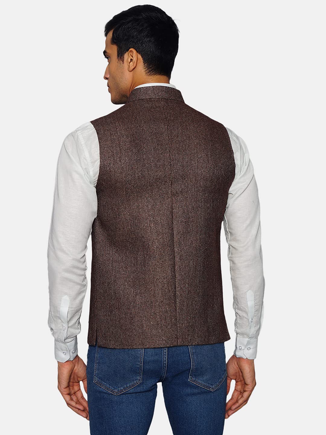 WINTAGE Men's Tweed Bandhgala Festive Nehru Jacket Waistcoat Brown - Image 3 thumbnail