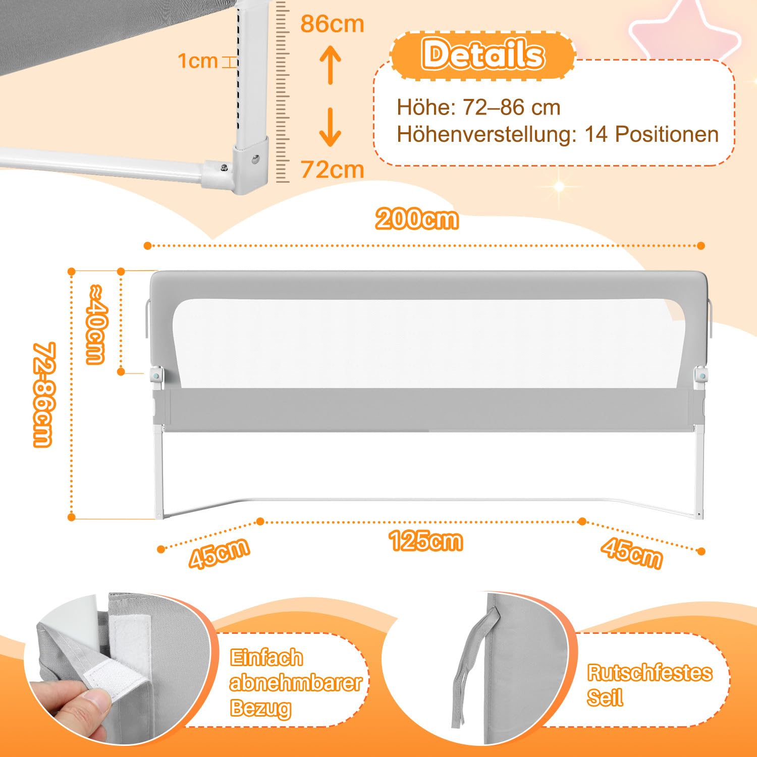 Bettgitter Rausfallschutz Bett, Rausfallschutz Boxspringbett 200cm, höhenverstellbar 72-86 cm, zusammenklappbar um 180 Grad, luftiges Netz, einfache Montage, Grau