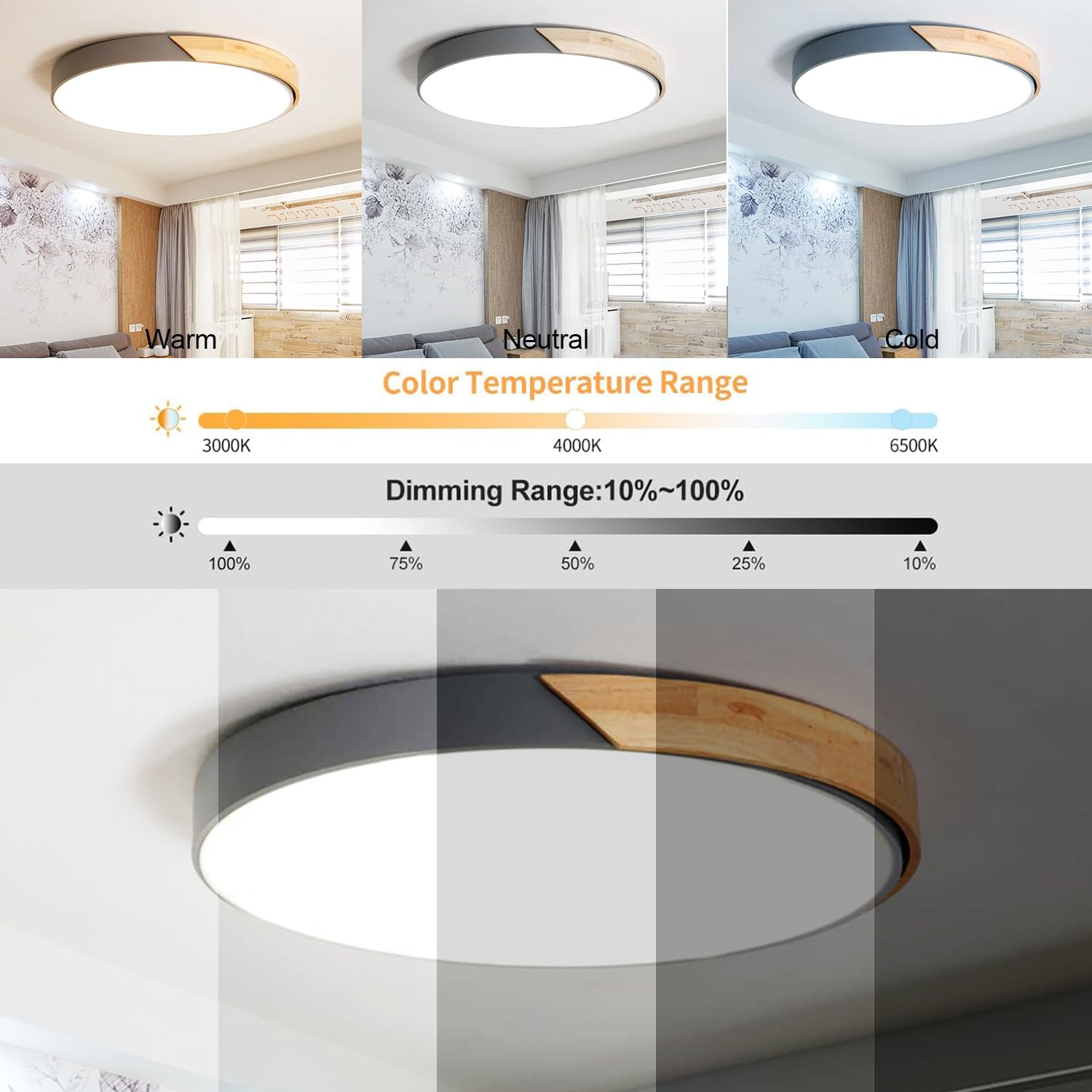Nowoczesna lampa sufitowa LED, jasnoszare drewno, 24 W, 30 cm (12 cali), możliwość ściemniania, do salonu lub sypialni.