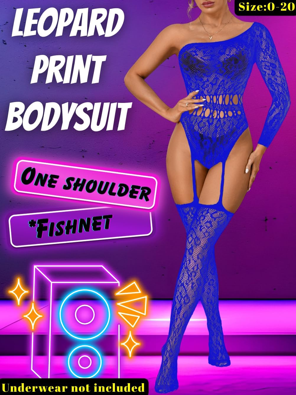 Women Sexy Leopard Fishnet Bodysuit, One Shoulder Lace Jumpsuit Body Stockings, Exotic Dancer Rave Party Club Outfits - Image 2