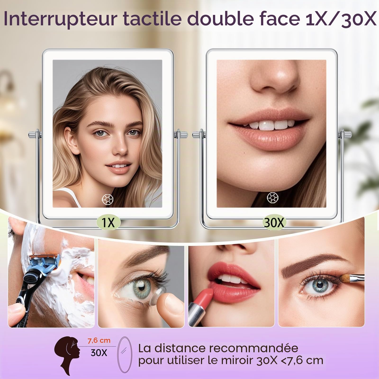 Famihomii 5000mAh Miroir Maquillage Lumineux Rechargeable, 8,7" Double Usage 1X/30X Grossissement, Miroir Grossissant Mural, 3 Températures de Lumière, Réglable en Luminosité, Pivotant 360° (Chrome)