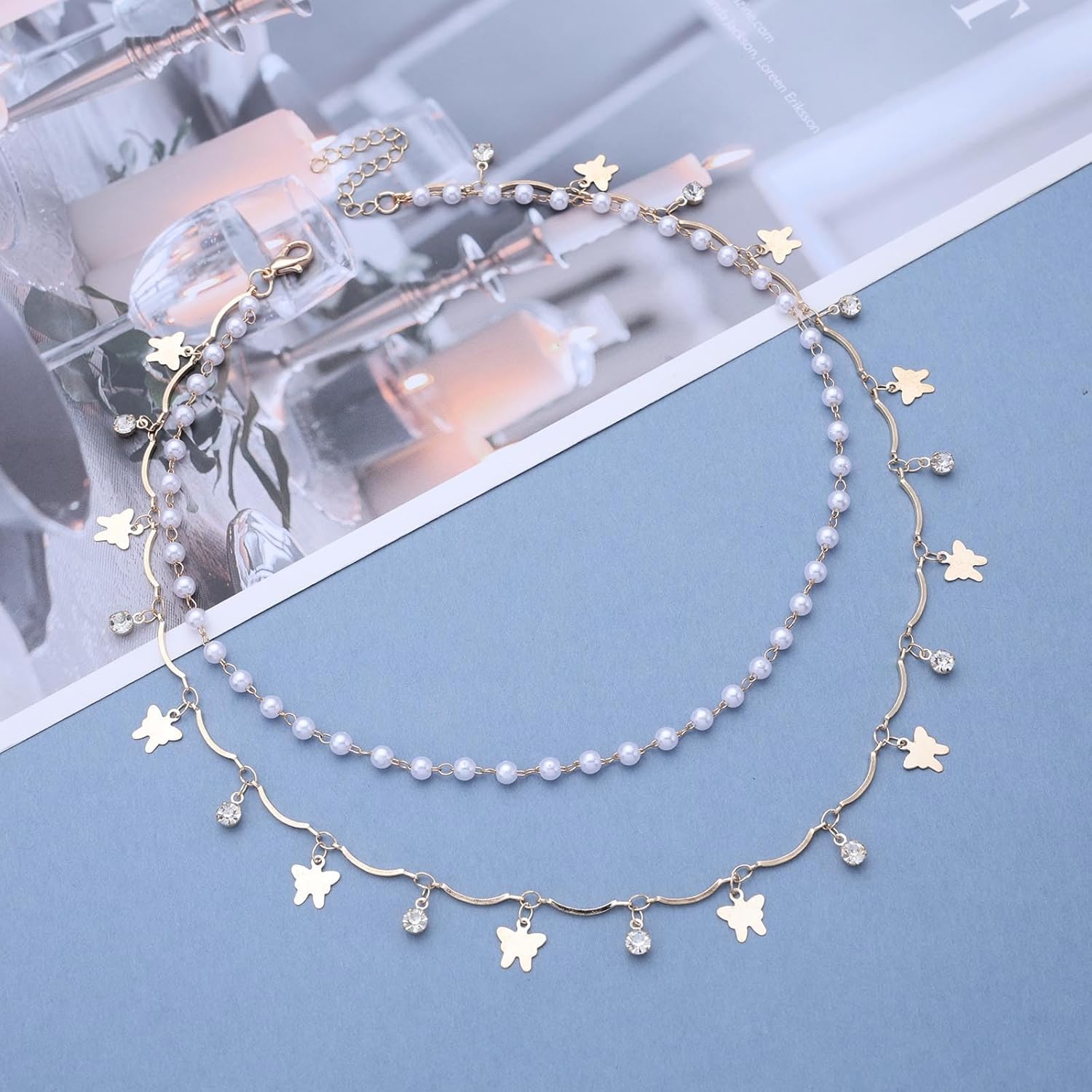 Vintage Layered Pearl Choker Necklace Boho Crystal Butterfly Dangle Necklace Rhinestone Dot Choker Necklace Pearl Chain Choker Necklace for Women - Image 3