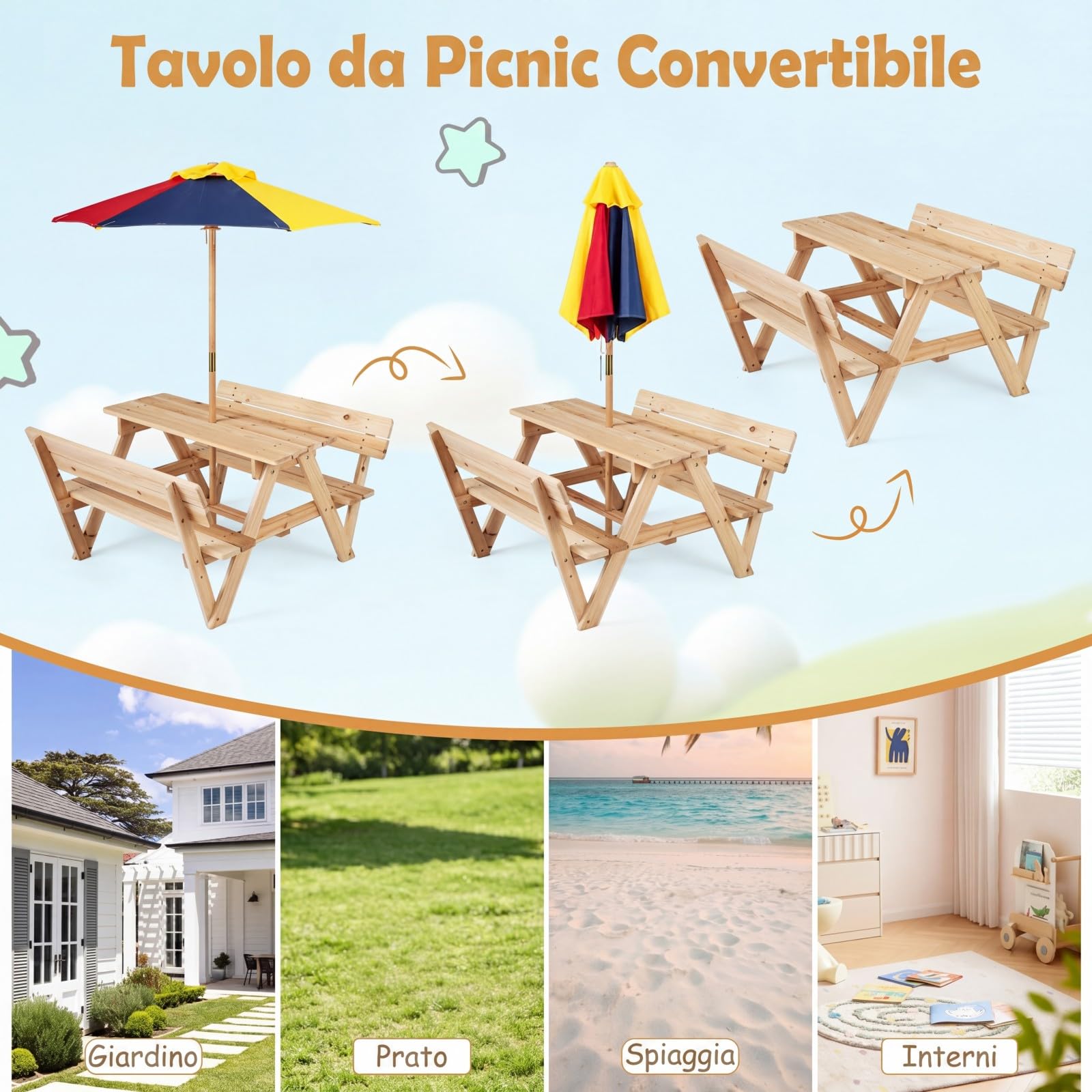 COSTWAY Tavolo da Picnic per Bambini, Set Tavolo e Panche da Giardino con Ombrellone Regolabile in Altezza e Struttura in Legno Massello per Campeggio e Picnic per Bambini 3-8 Anni