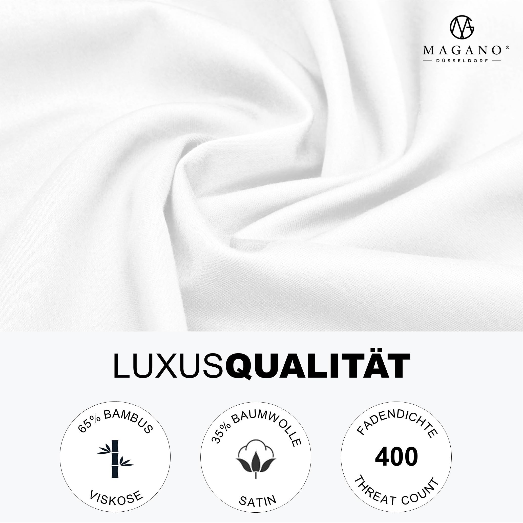 MAGANO® Luxus Spannbettlaken 180x200 Weiß | Bambus & Baumwolle Satin | 400 TC Premiumqualität | Hypoallergen & Thermoregulierend | Spannbetttuch Bettlaken 180x200cm | Weiss