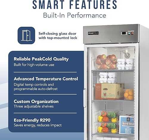 Vista 4 de PEAKCOLD Refrigerador comercial de una sola puerta de vidrio, 23 pies cúbicos, 29 "W Acero inoxidable Reach-In Vertical Refrigerador, Estantes