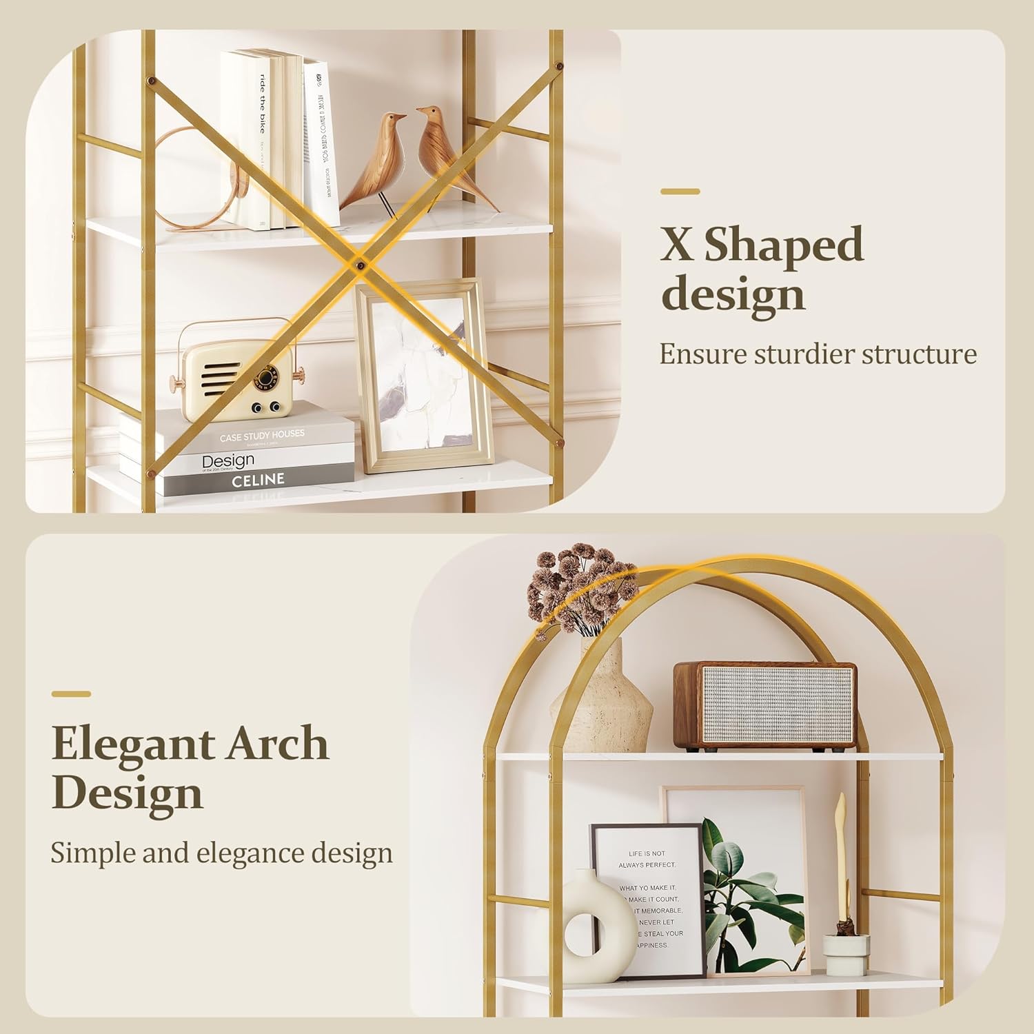 5 Tier Bookshelf Gold, 66.14 Inches Tall Arched Bookcase, Wide Storage Bookshelves with 4 Hooks, Stand Display Shelf for Living Room, Home Office, White and Gold - Image 3