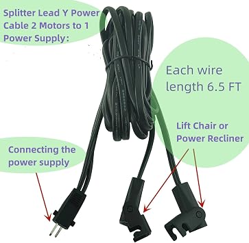 Recliner Power Y Splitter Cord 2 Pin Recliner Cable for Dual Motors | Y Power Cable Compatible with Okin Limoss Lazboy Pride Catnapper Electric Recliner and Lift Chairs, Pure Copper Core, 6.5 FT