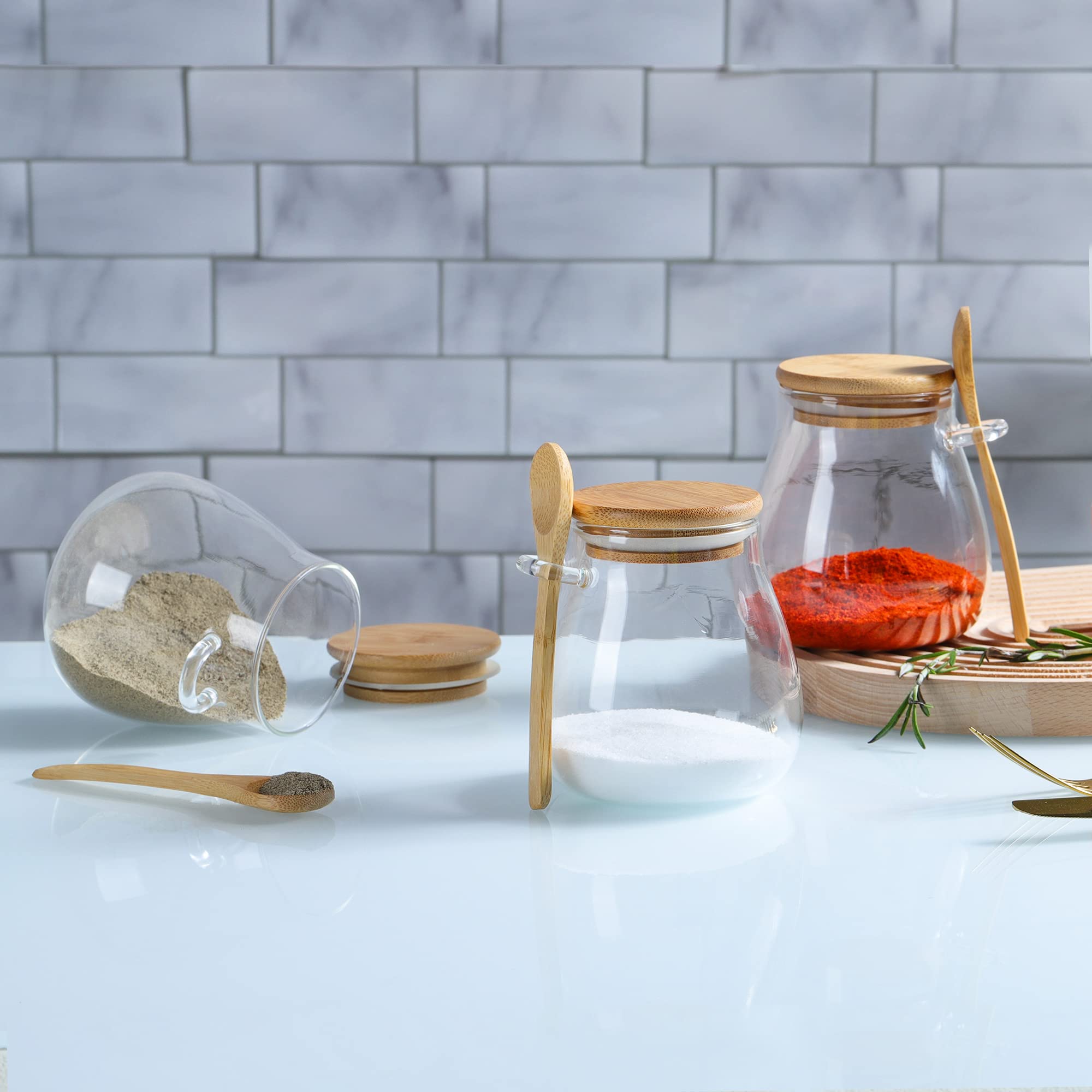 Joeyan Barattolo in vetro da 350 ml con coperchio e cucchiaio in legno, set di 3 barattoli ermetici per condimenti, spezie, sale, zucchero, marmellata