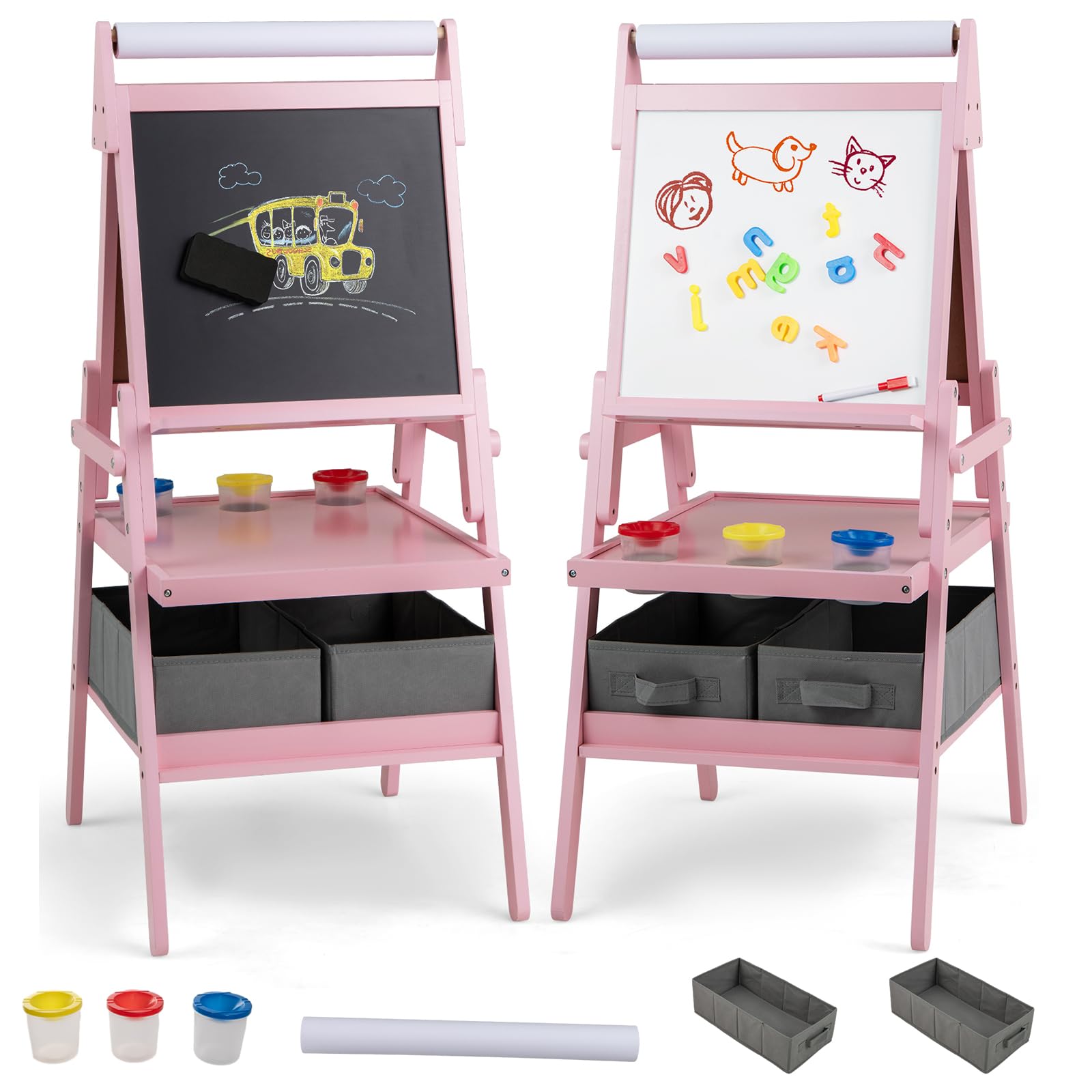 RELAX4LIFE 3 in 1 Lavagna per Bambini, Cavalletto con Doppia Faccia Magnetica e Lavagna Bianca, Rotolo di Carta, Scaffale Doppio e 2 Cesto in Tessuto Pieghevole, 3 Tazze, Legno per 3+Anni (Rosa)