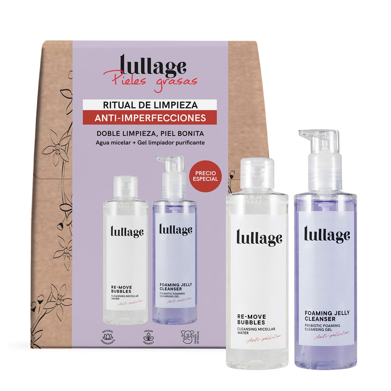 LULLAGE - Pack Ritual de Limpieza Anti-Imperfecciones Re-move Bubbles 200 ml + Foaming Jelly Cleanser 200 ml, Agua Micelar y Gel Limpiador Purificante, para Tener Piel Bonita y Doble Limpieza