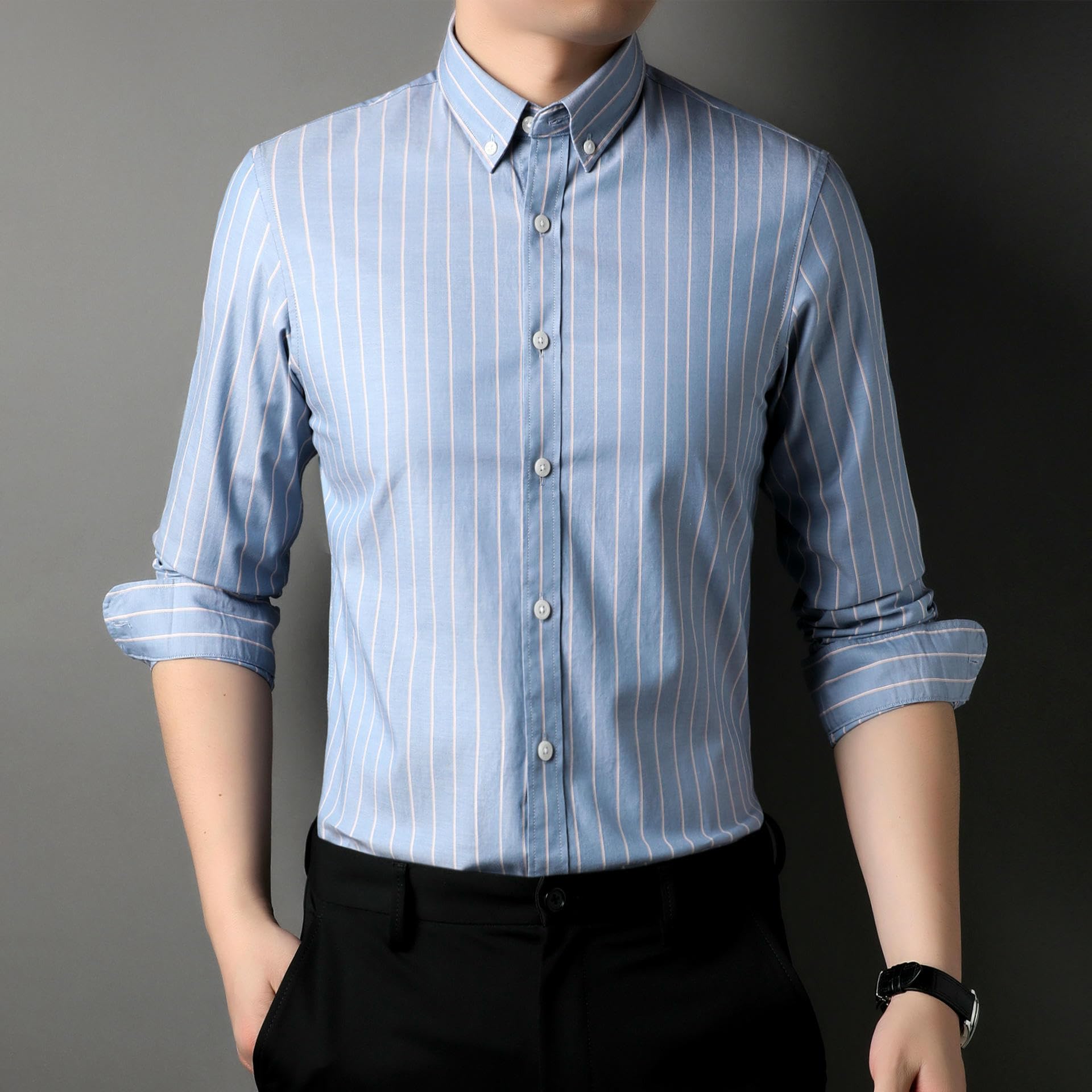 Camicia da uomo in cotone a maniche lunghe a righe verticali primavera autunno senza pieghe