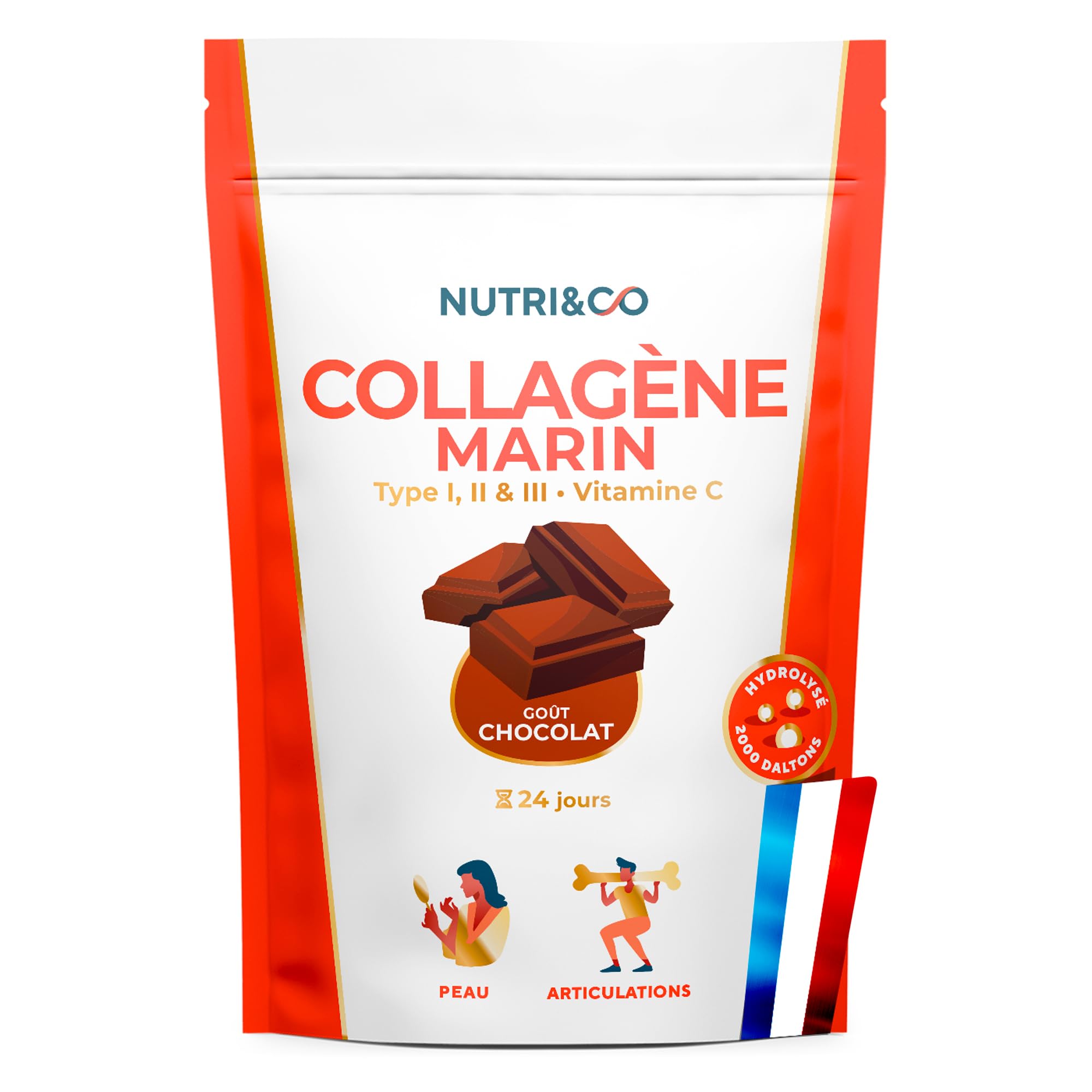 NUTRI & CO Collagene Marin Poudre Types 1, 2, 3 + Vitamine C, Breveté Naticol® & Cartydiss®, Peptides Hydrolysés 2000 DA, Format 24jrs 240g, Goût Chocolat, Fabriqué en France