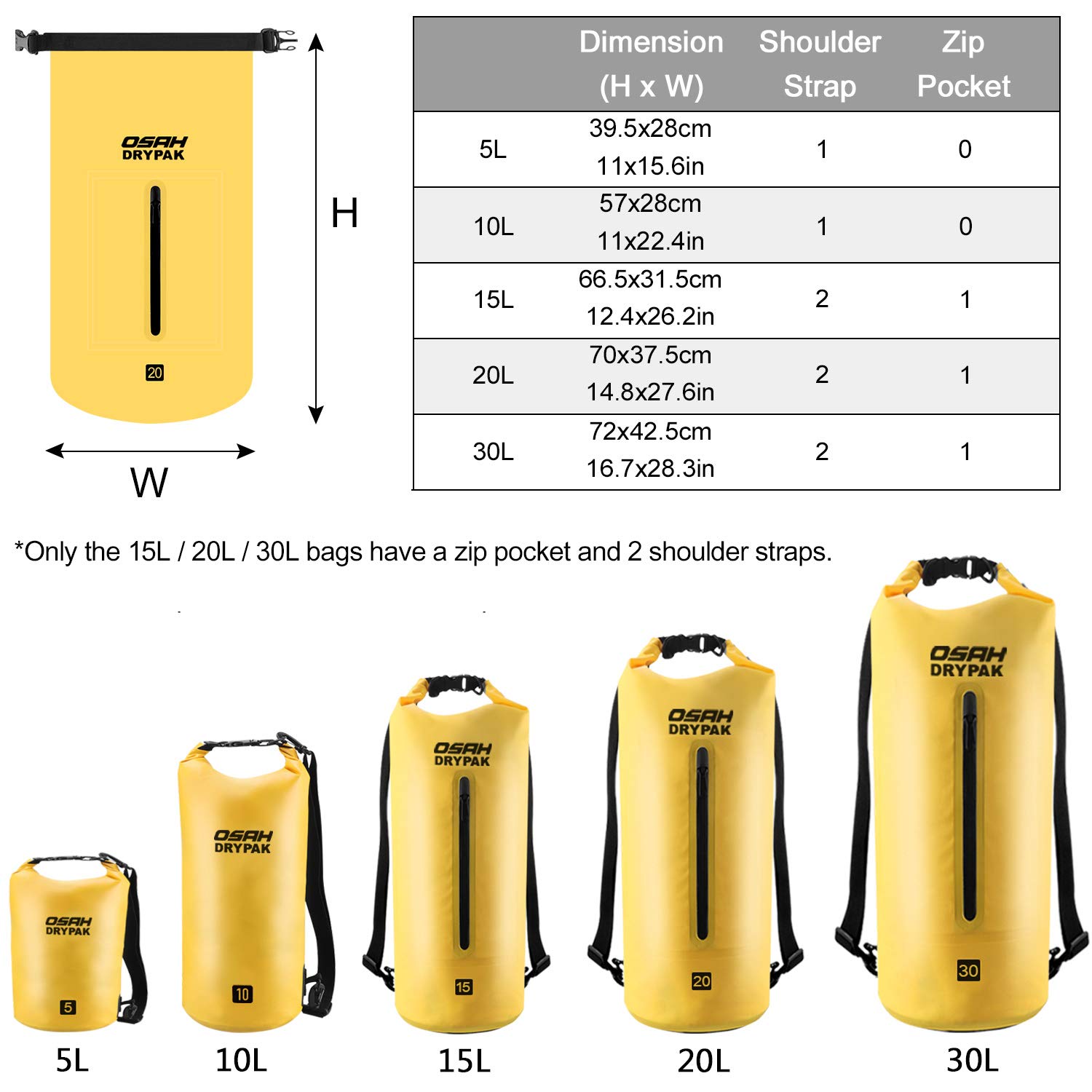 OSAH DRYPAK Borse Impermeabile Sacca Dry Bag 5L 10L 15L 20L 30L con Tracolla Regolabile per Spiaggia Sport d'Acqua Trekking Kayak Canoa Pesca Rafting Nuoto Campeggio
