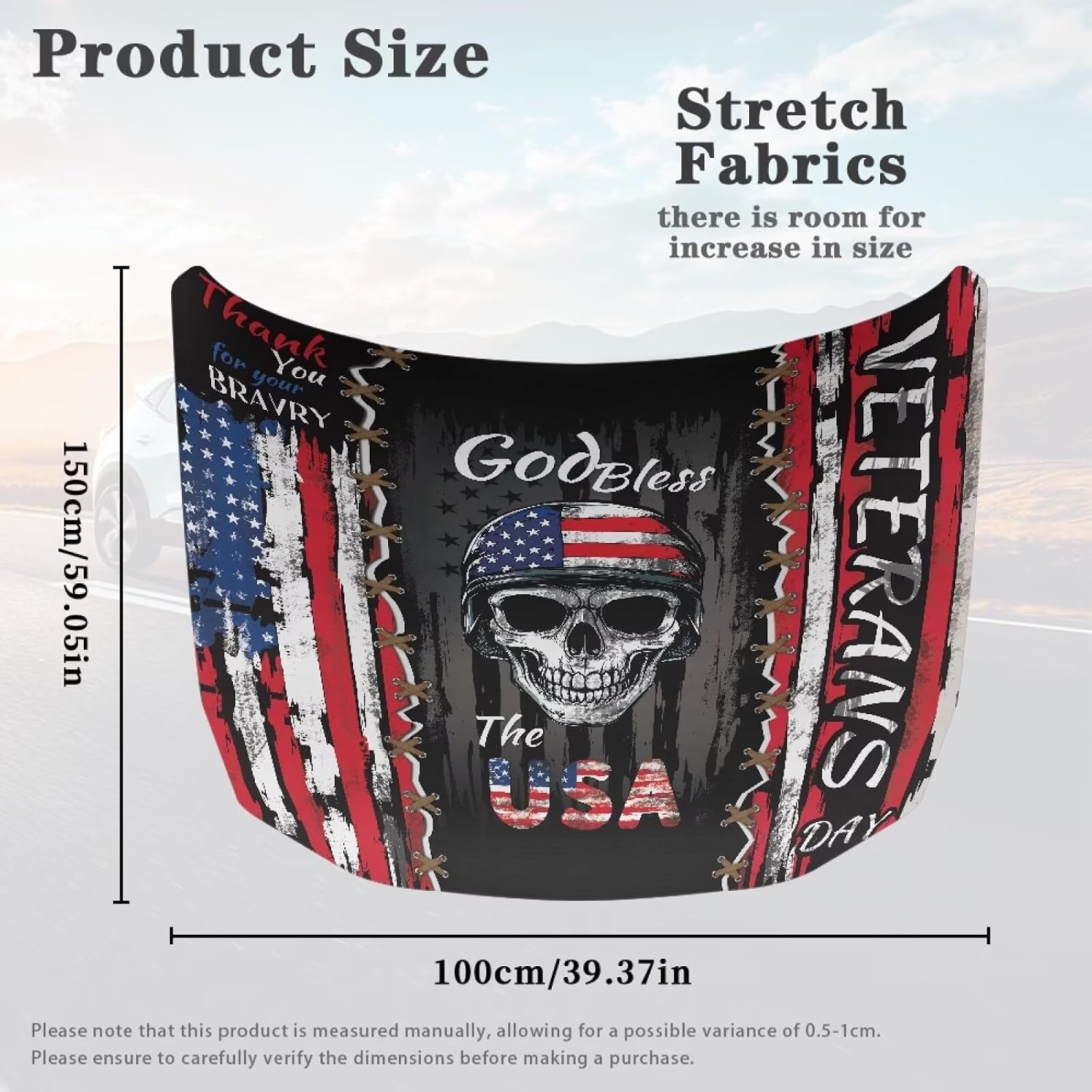 Car Hood Cover Protector Waterproof Auto Hood Wrap Blankets Veterans Day Decorations Auto Patriotic Decorative Accessories for Sedans SUVs Pickup Trucks (USA Flag Skeleton Soldier Design)