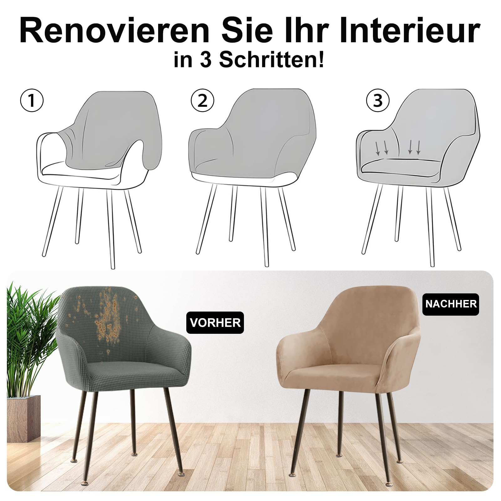 Alishomtll Stretch Samt Stuhlhussen 4er Set Universal Sesselbezug Stuhlbezug mit Armlehnen Abnehmbare Waschbar Esszimmerstühle Bezug für Küche Esszimmer Bankett Hochzeit Party (Kamel, 4 Stück)
