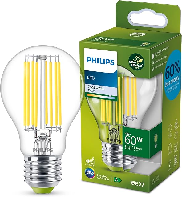 Philips LED Ultra Efficient Light Bulb A Label Energy Rating [Cool White 4000K - E27 Edison Screw] 60W A60 Clear. for Indoor Home Lighting