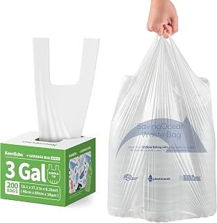 Small Trash Bags with Handles 3 Gallon 200 Count White - Ocean Plastic Upcycling - Plastic Garbage Bags, Can Bin & Waste Basket Liner for Kitchen, Bathroom, Office and Pets