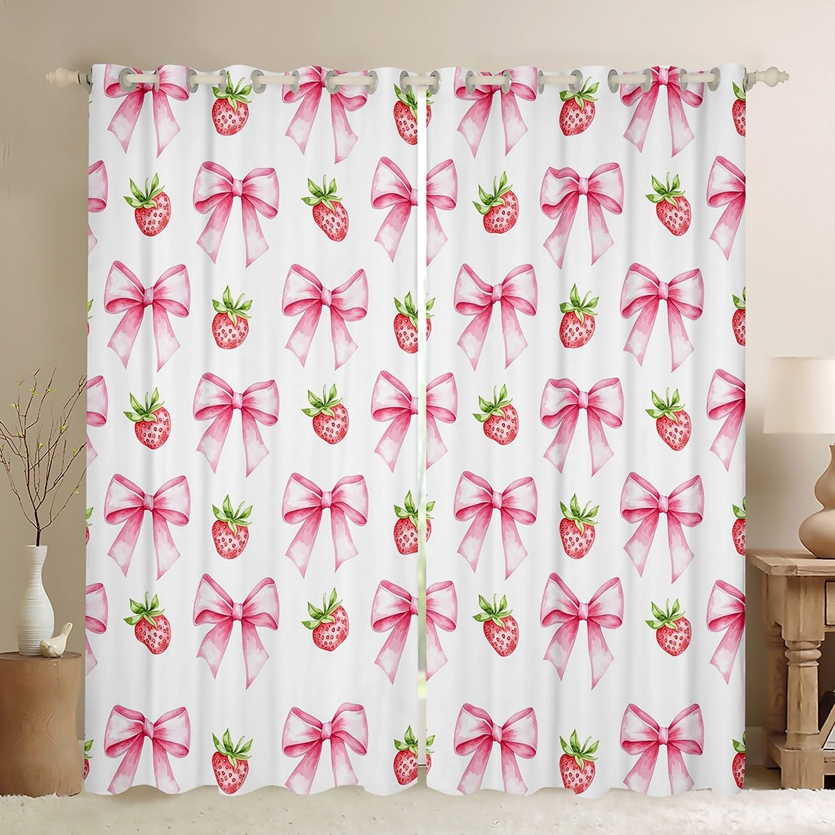 Pink Bowknot Kids Blackout Curtains,Strawberry Summer Fruit Toddler Window Drapes for Girls Women,Bow Tie Butterfly Knot Princess Cartoon Cute Window Treatments Grommet Top 2 Panel Set,66Wx72L inch