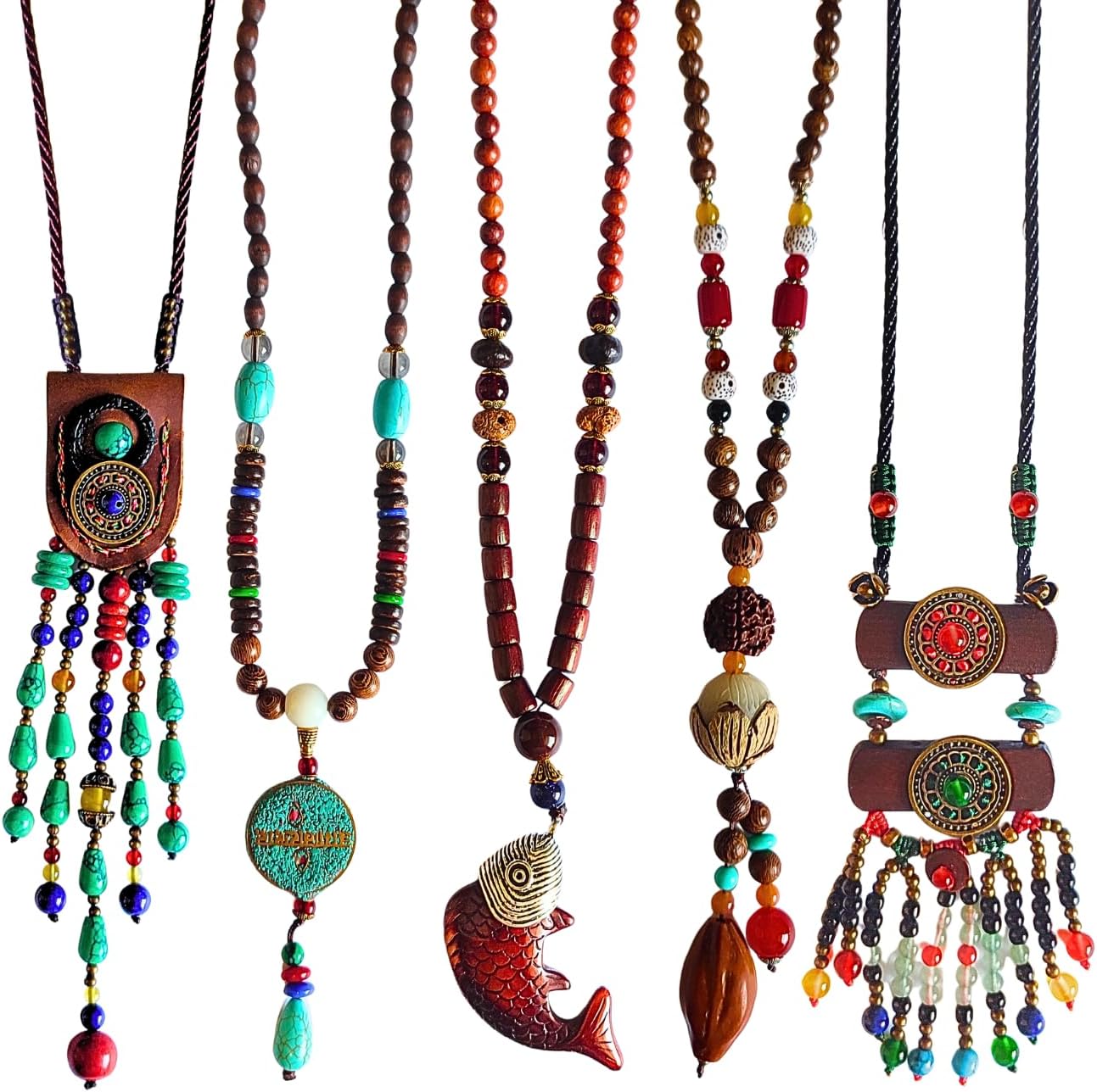 Bohemian Beaded Necklace for Women Long Boho Pendant Wood Mala Beads Wooden Strand Tassel Stone Bohemian Necklaces for Women Jewelry