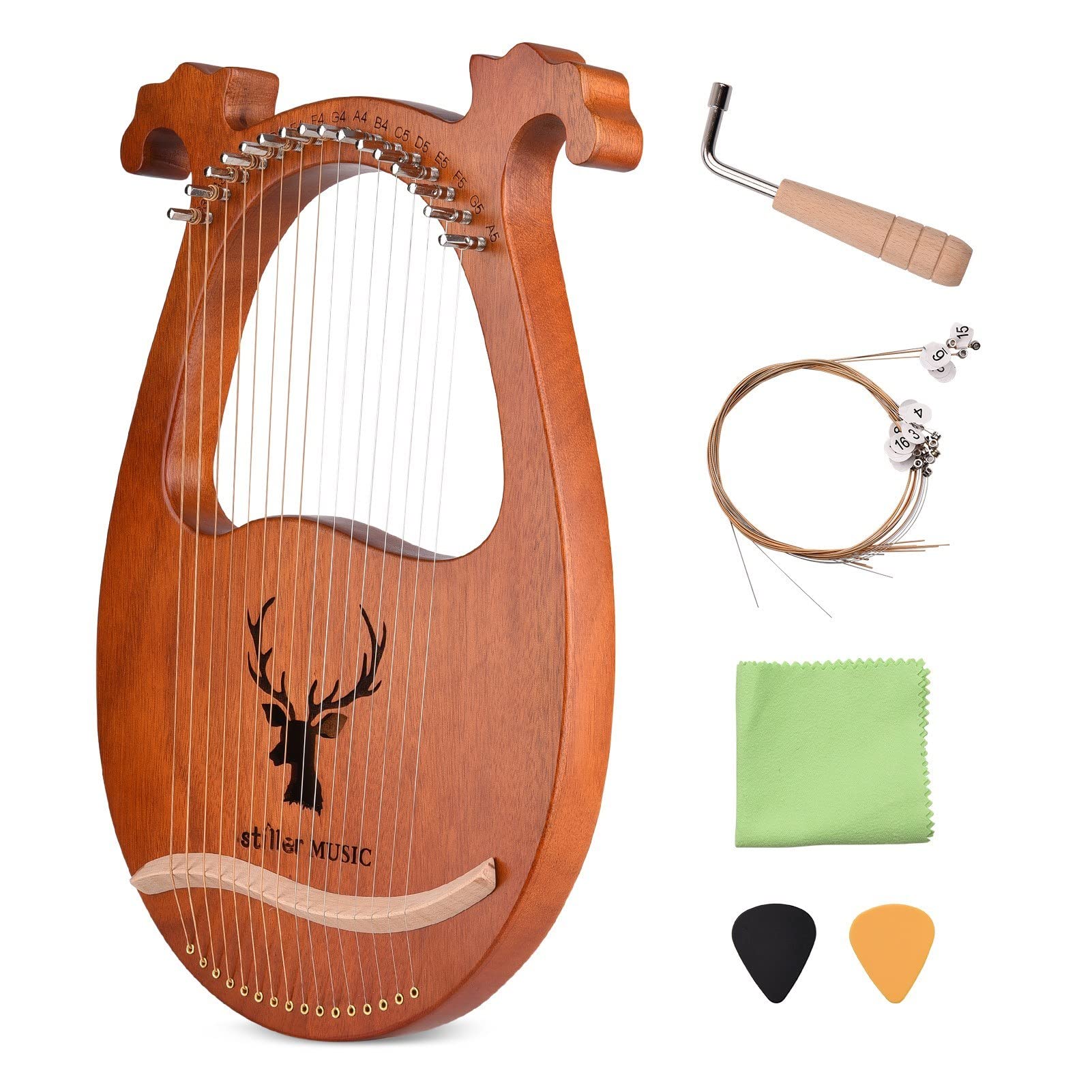 16 String Lyre Harp Solid Wood String Instrument with Elk Pattern Tuning Hammer Strings Cleaning Cloth Picks for Beginners