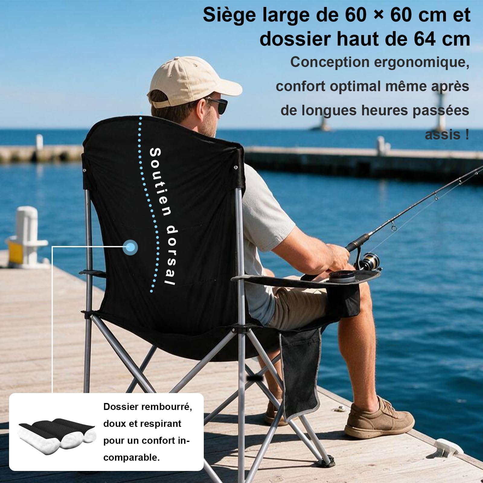 Chaise Pliante Camping XXL Haute Charge 160KG+,pour Plage/Camping/Pêche | Confort longue assise, sac de rangement inclus, adapté toutes morphologies, pliage 1 seconde, usage jardin balcon