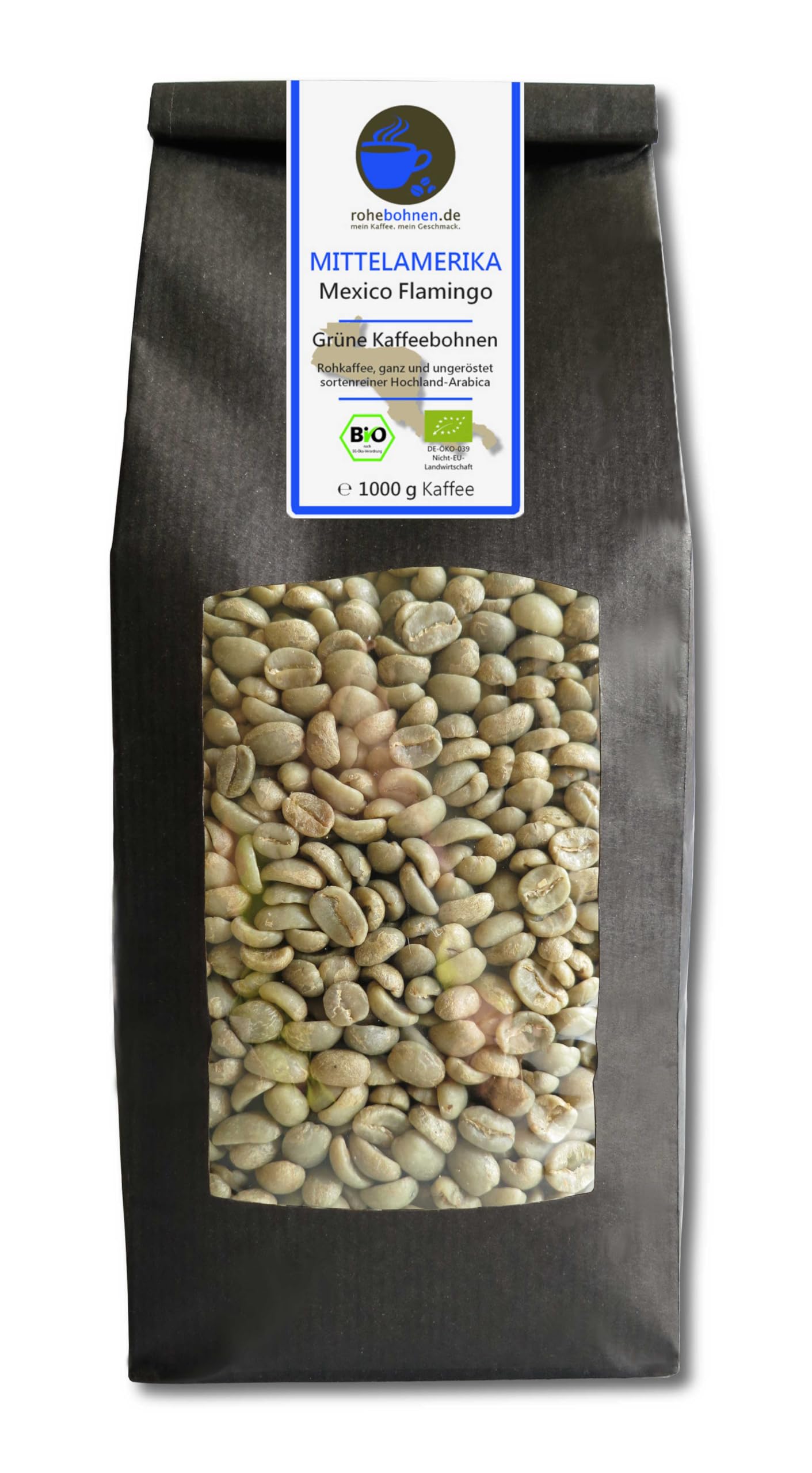 Café verde orgánico Arábica México Flamingo (granos de café crudo de las tierras altas 1000 g) - Certificado GMP