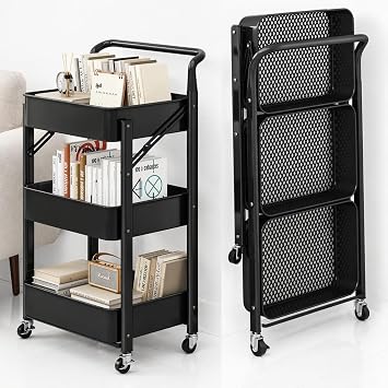 3-Tier Trolley on Wheels, Space-Saving Kitchen Trolley Foldable Cart with Metal Frame & Handle, Storage Trolley for Small Spaces, Vegetable Rack for Kitchen, Bathroom, Living Room & Studio, Black