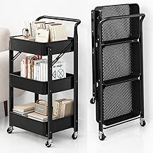 3-Tier Trolley on Wheels, Space-Saving Kitchen Trolley Foldable Cart with Metal Frame & Handle, Storage Trolley for Small Spaces, Vegetable Rack for Kitchen, Bathroom, Living Room & Studio, Black