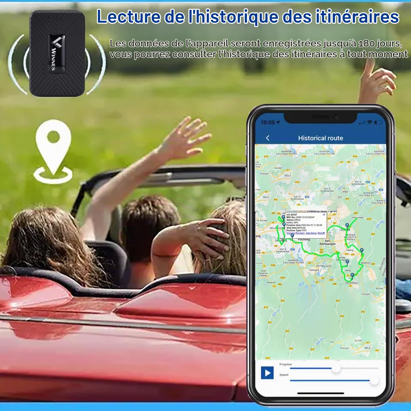 Traqueur GPS Mini APP Gratuite pour Enfant Voiture Tracker Espion Facile à Cacher Positionnement en Temps Réel Tracking 6 Mois d'Histoire Imperméable avec Carte SIM