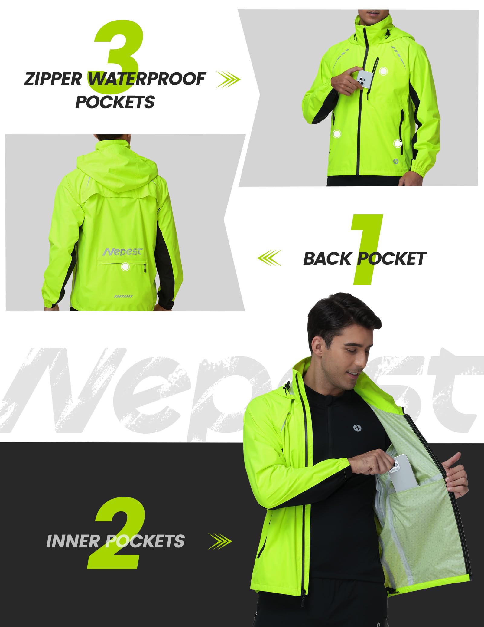 Nepest Veste de cyclisme imperméable homme 10K H2O respirabilité 5K 6 poches Réfléchissante UPF50+ coupe-vent VTT course randonnée
