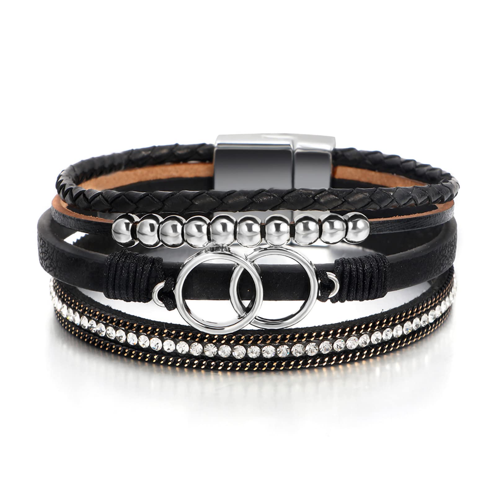 Fesciory Leather Wrap Bracelet for Women, Boho Western Layered Cuff Jewelry | Stackable Bracelets, Easy-On Clasp, Daily Wear, Pairs with Boho Western Outfits, Gift for Women