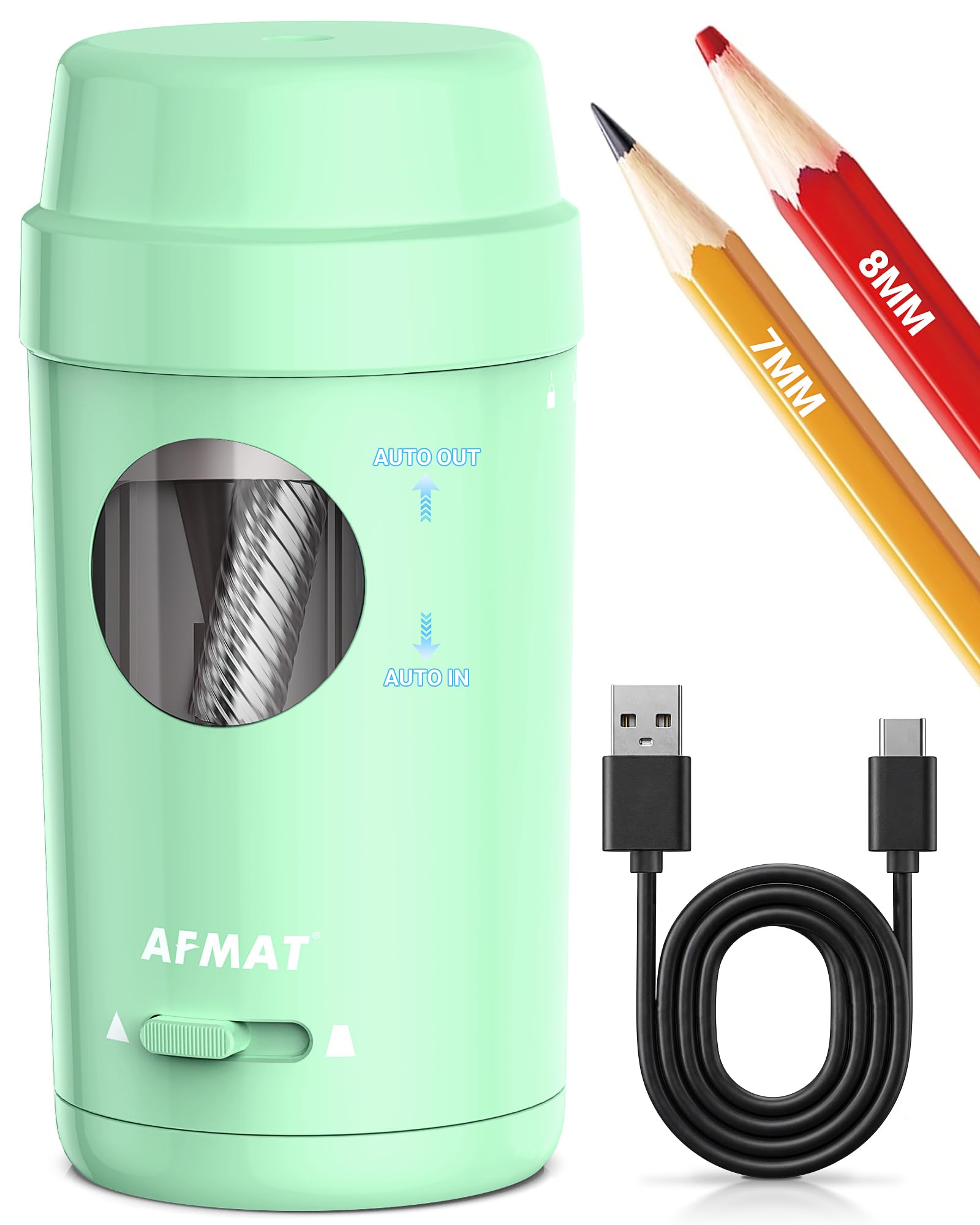 AFMAT Sacapuntas eléctrico totalmente automático, recargable, con recipiente para lápices de 7-8 mm de grosor y finos, entrada y salida automática, sacapuntas eléctrico para casa, oficina, escuela
