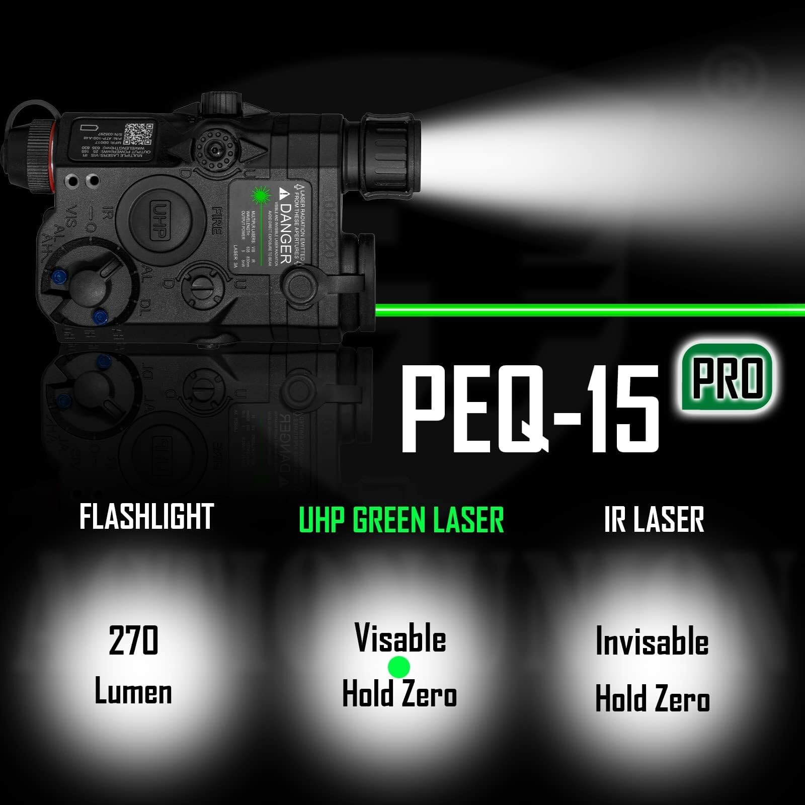 Airsoft PEQ-15 Pro IR Laser + UHP Visible Green Laser + White LED Flashlight (Tan)