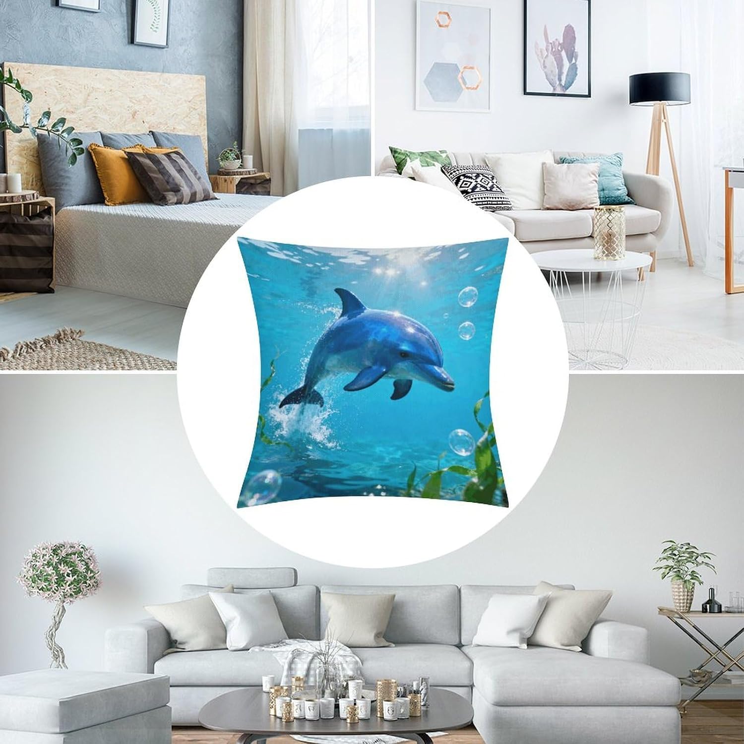 Blue Dolphin Pillow Protectors Cute Waterproof Pillow Cover Soft Skin-Friendly Cushion Case Decorative Square Cushion Cover for Couch Sofa Bed Living Room Bedroom