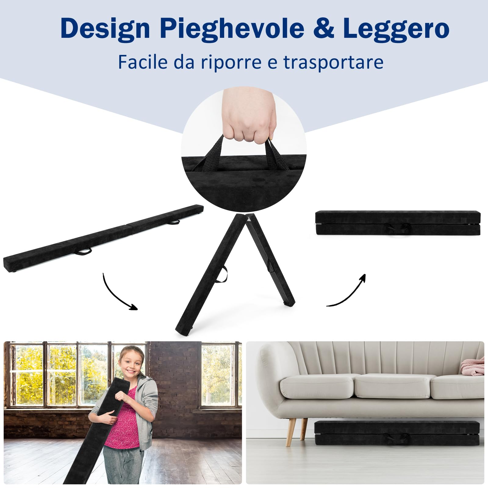 GYMAX Trave da Ginnastica Artistica 210 cm Pieghevole, Trave da Equilibrio Portatile in Legno con Manico, Cuscinetti Antiscivolo, Ideale per Esercizi a Casa o in Palestra, 210 x 10 x 6,5 cm