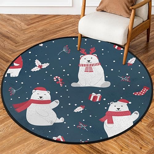 Cute Bear Christmas Winter 08 Round Area Rug 3ft Machine Washable Circular Rugs for Dining Room Table Bedroom Playroom Throw Rugs for Dog Living