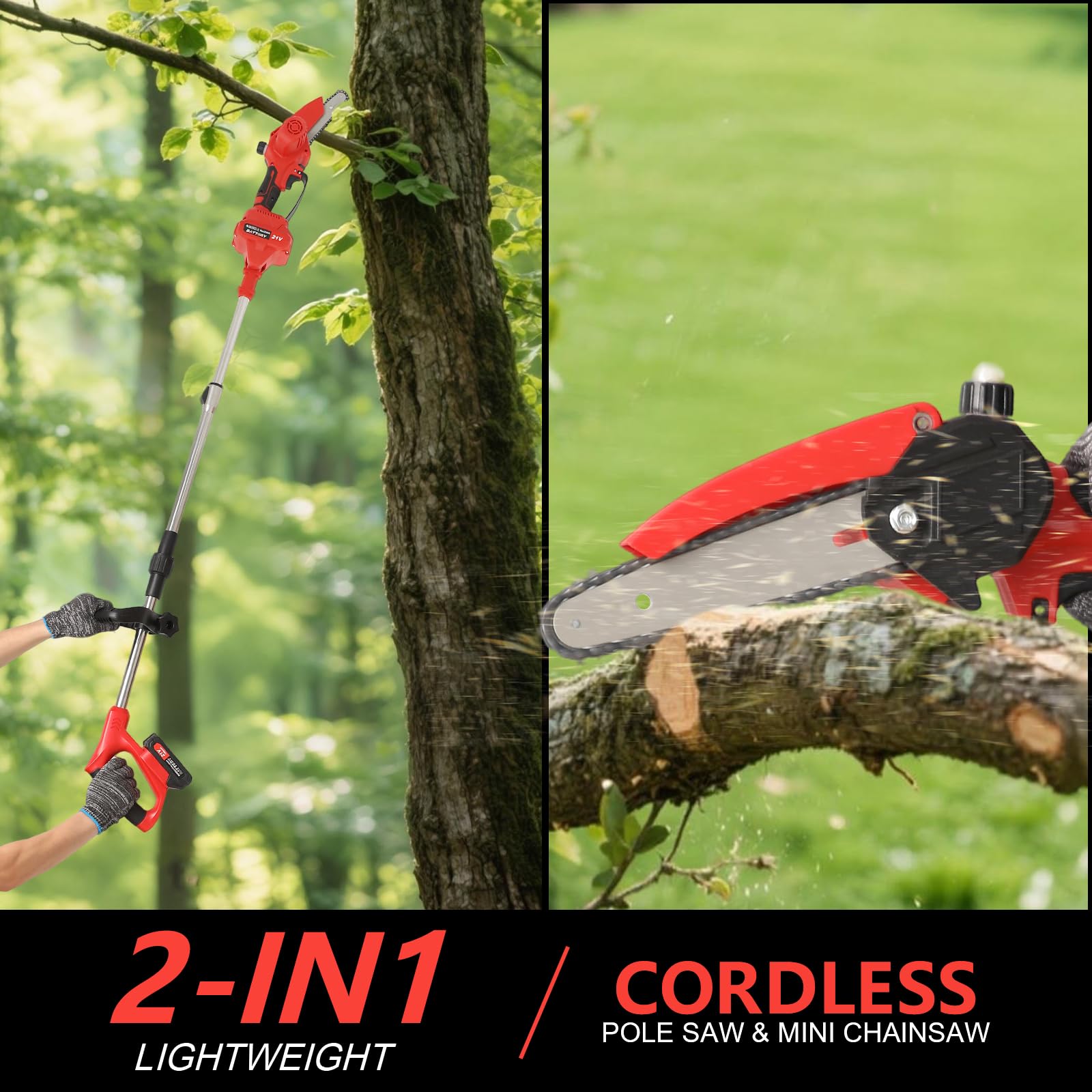 Élagueuse sur Perche 2-en-1 6 Pouces, Tronçonneuse Télescopique Sans Fil avec 2×3000mAh Batterie & Chargeur, Mini Tronçonneuse 500W avec Lubrification Automatique, Portée jusqu’à 4 m pour (Rouge)