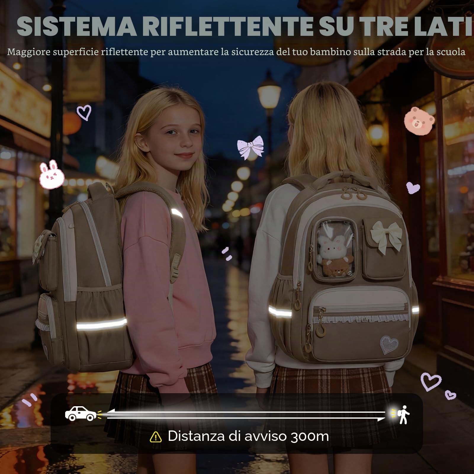 Amythe Zaino Scuola Elementare Bambina, 4 Pezzi Zaini Traspiranti con Borsa per il Pranzo Astuccio e Borsa a Tracolla, Zaino Ragazza alla moda per Scuola Primaria e Media, Marrone