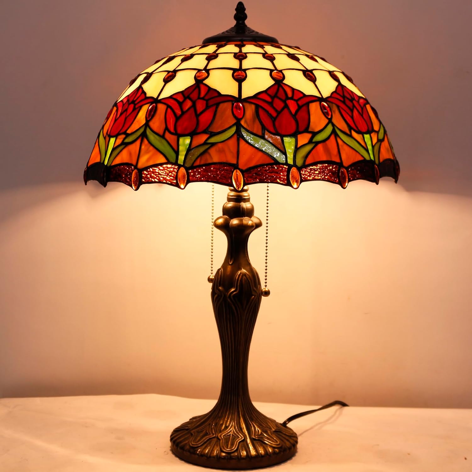 WERFACTORY Tiffany Table Lamp Red Stained Glass Tulip Lamp 16X16X24 Inches Desk Reading Light Metal Base Decor Bedroom Living Room Home Office S030 Series