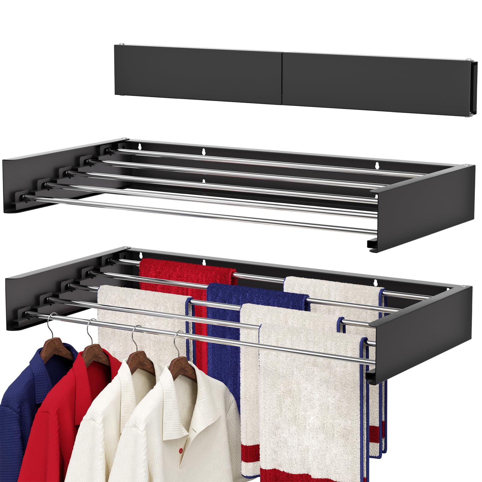 Wall Mounted Drying Rack 31.5", Foldable Laundry Drying Rack with Stainless Steel Rods, Retractable Laundry Space Saver for Indoor &amp; Outdoor Use, Include Wall Template