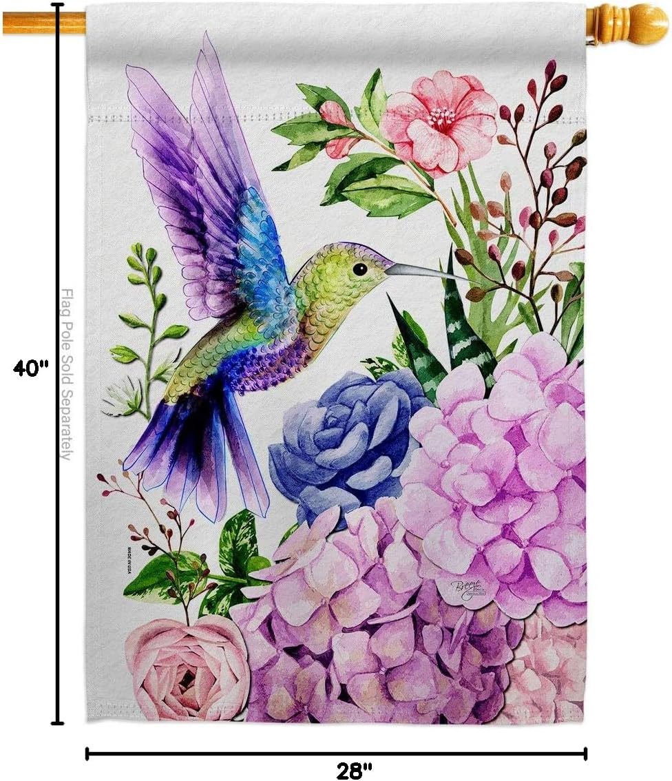 Purple Hummingbird House Flag Animals Bird Flamingo Cardinal Peacock Springtime Natural Wildlife Small Decorative Gift Yard Banner Made In USA 28 X 40