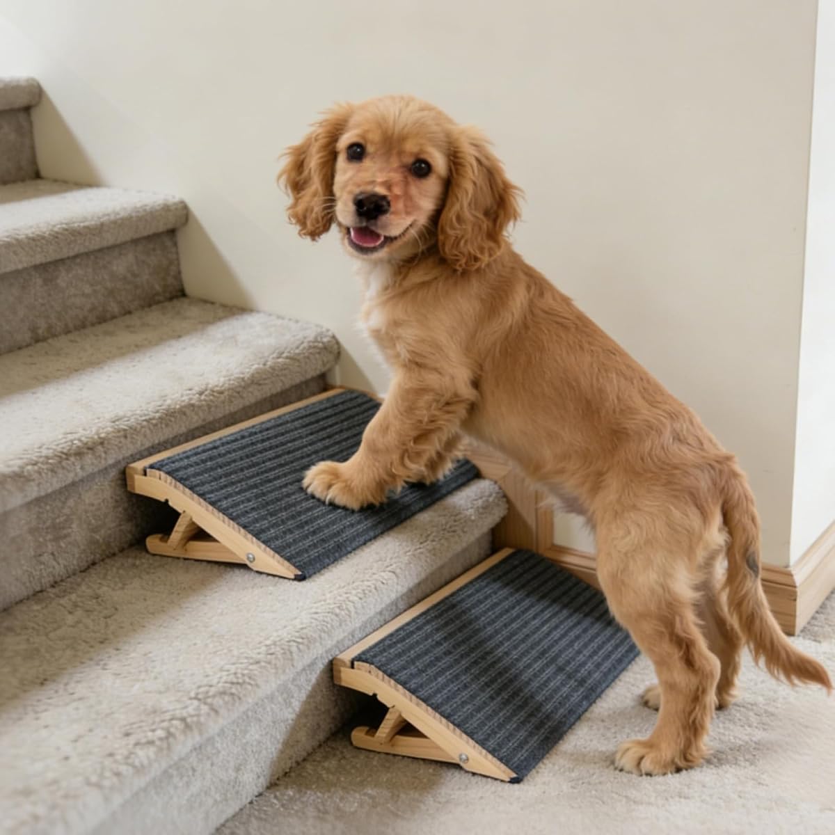 Adjustable Dog Ramp for Stairs, Foldable Wooden Dog Steps Anti-Slip | 2 Pack, Switch 4.3" or 5.5" Height, No Assembly, Gentle on Joints, for Senior & Injured Dogs, Natural Wood, 170 lbs