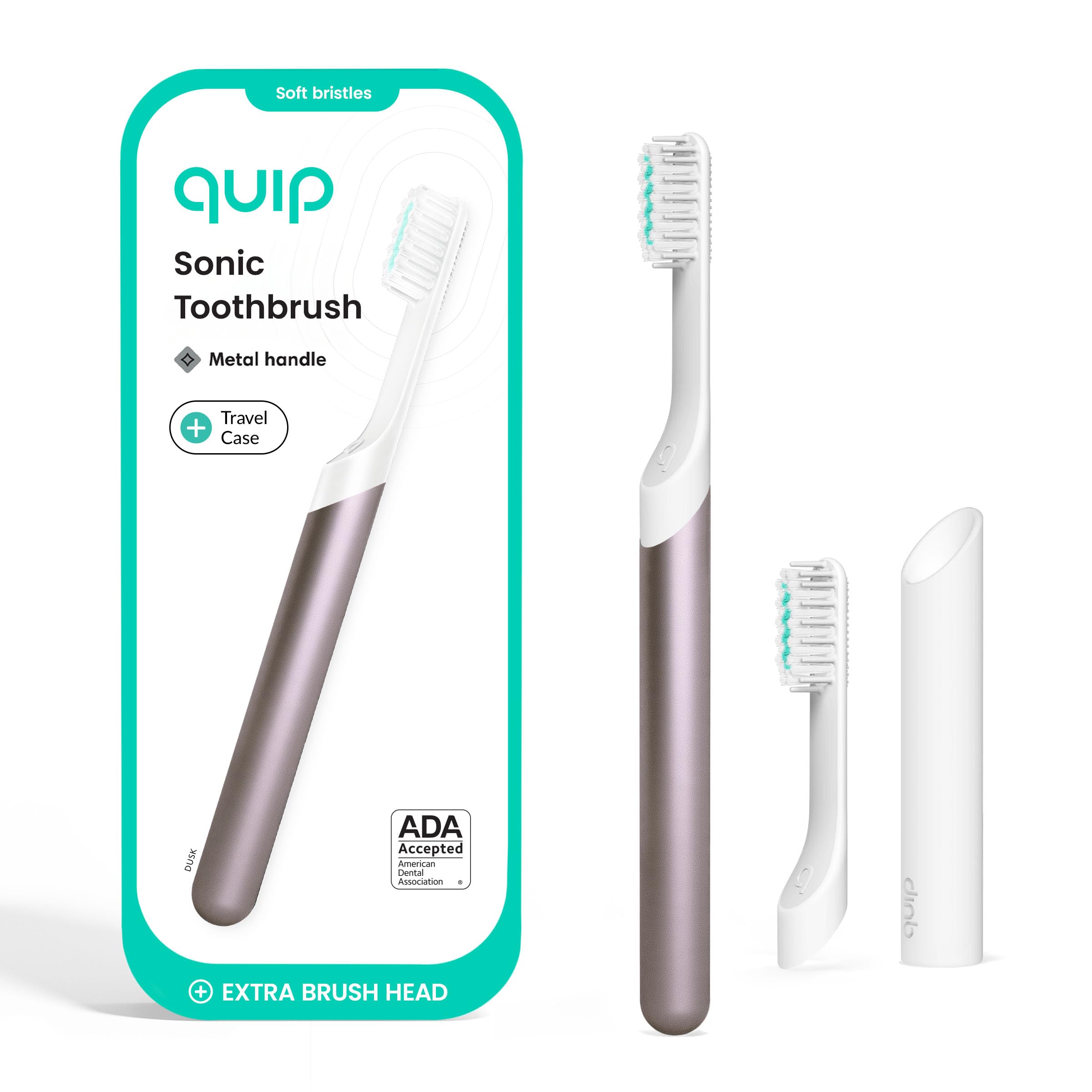 Quip Metal Sonic Electric Toothbrush for Adults - Time Travel & Soft Bristles with Travel Case & Replacement Brush Head - 3 Month Battery Life - Dusk