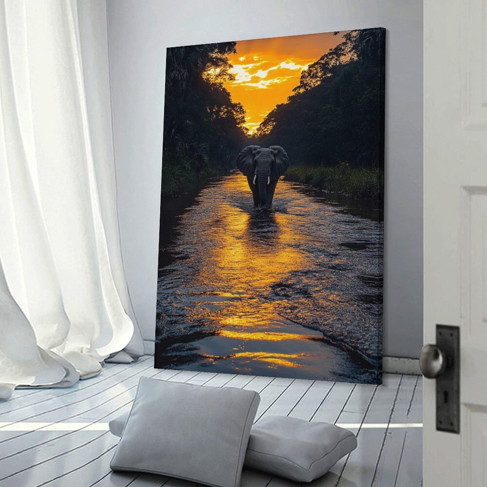 Junmoney Elephant Crossing River at Sunset Wall Picture Print 20x30inch(50x75cm), for Corridors, Hallways Or Apartment Entries, Decorative Canvas Styling for Entry Areas